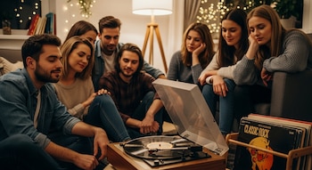 Siete jóvenes adultos, cuatro mujeres y tres hombres, se sientan alrededor de un tocadiscos de vinilo reproduciendo música en una sala con luces suaves.