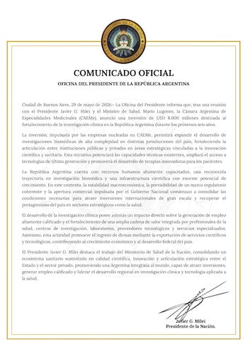 El comunicado oficial de la Oficina del Presidente de la República Argentina sobre el anuncio de inversión por USD 8.000 millones