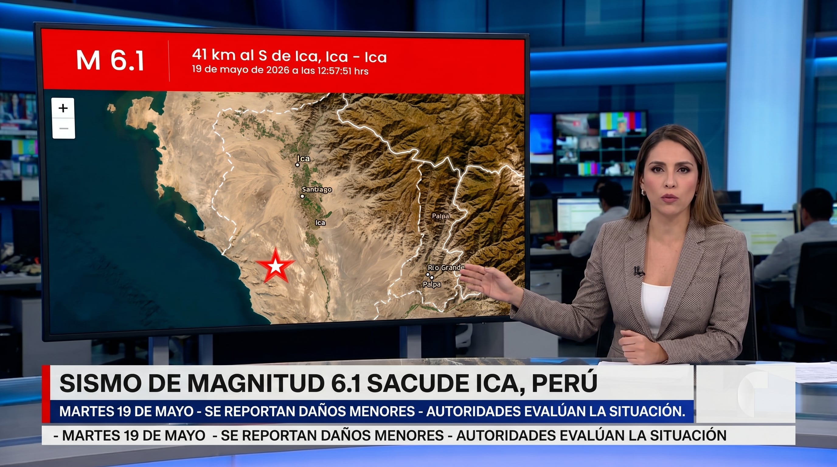 Una presentadora de noticias informa sobre el sismo de magnitud 6.1 que sacudió Ica, Perú, mostrando el mapa del epicentro y destacando que se reportan daños menores. (Imagen Ilustrativa Infobae)