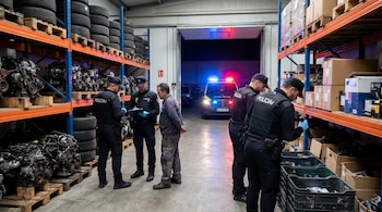En un almacén, cinco agentes de policía inspeccionan estanterías con neumáticos, motores y cajas de autopartes, con una furgoneta policial visible al fondo.