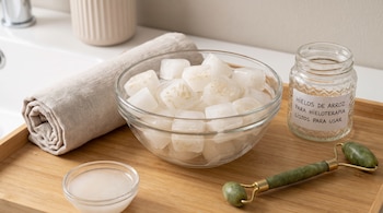 Bol de cubos de hielo de arroz, rodillo facial de jade, pequeño bol con líquido, toalla enrollada y tarro de cristal sobre una bandeja de madera.