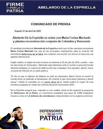 En el comunicado oficial, Abelardo de la Espriella y María Corina Machado anunciaron una alianza centrada en la defensa de la democracia y la vigilancia ciudadana del voto - credito Prensa Abelardo de la Espriella