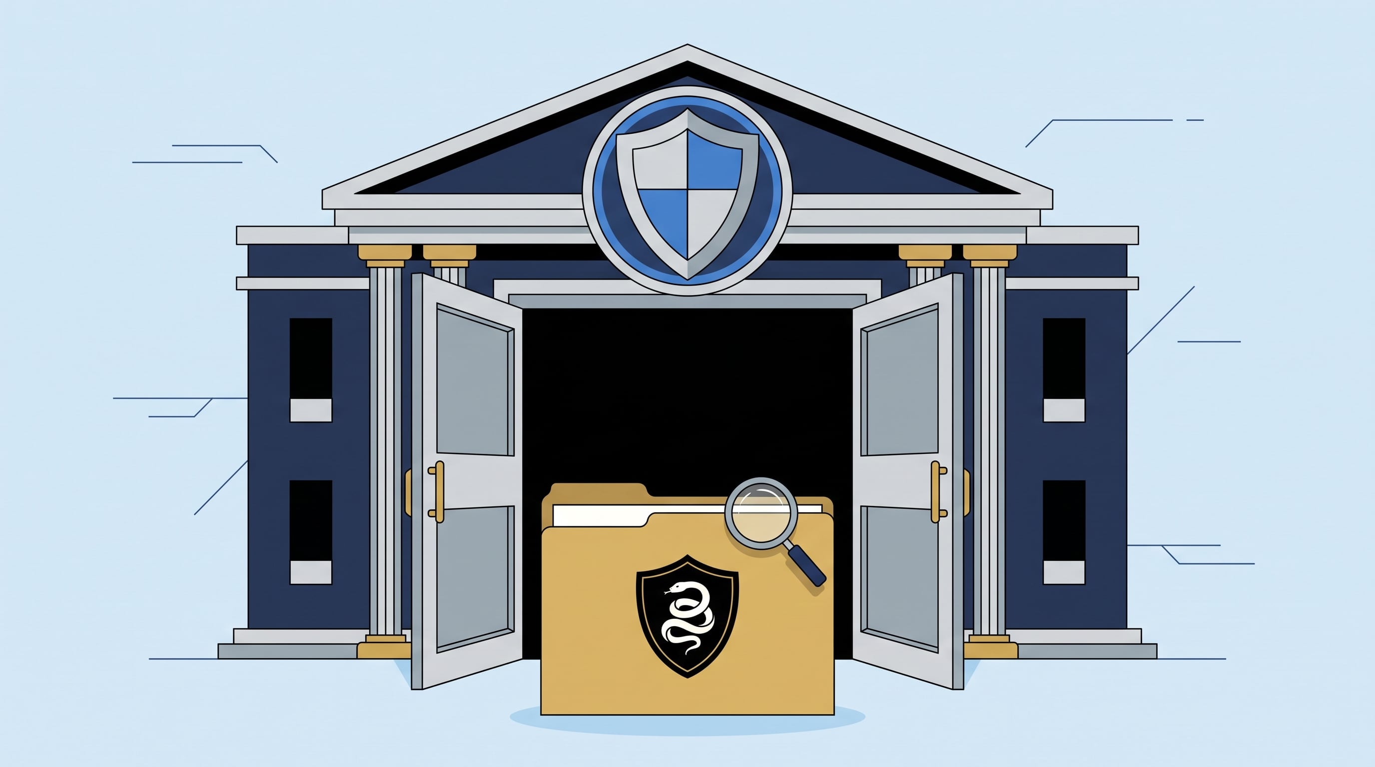 La ilustración muestra la fachada de la Secretaría de Seguridad Pública de Chihuahua con puertas abiertas, revelando una carpeta sellada con el logo del Grupo Especial Mamba Negra y una lupa, simbolizando apertura y escrutinio. (Imagen Ilustrativa Infobae)