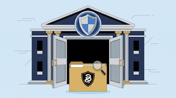 Ilustración plana de la Secretaría de Seguridad Pública de Chihuahua con puertas abiertas, un escudo institucional, una carpeta con el logo de serpiente Mamba Negra y una lupa.