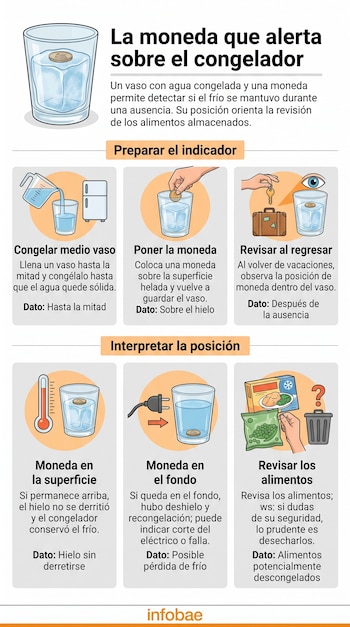 Infografía con ilustraciones de un vaso con agua, una moneda, un congelador y un termómetro organizadas en seis pasos.