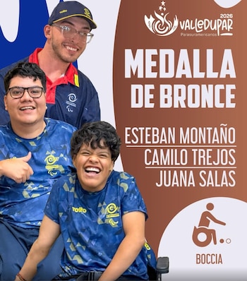 Esteban Montaño, Camilo Trejos y Juana Salas conquistaron la medalla de bronce en la prueba por equipos BC1/BC2 de Boccia en los Juegos Parasuramericanos Valledupar 2026 - crédito @colparalimpico/Instagram