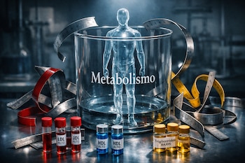 Figura humana translúcida en recipiente con "Metabolismo", reglas, cintas métricas, tubos de ensayo con etiquetas LDL alto, HDL alto y triglicéridos bajos.