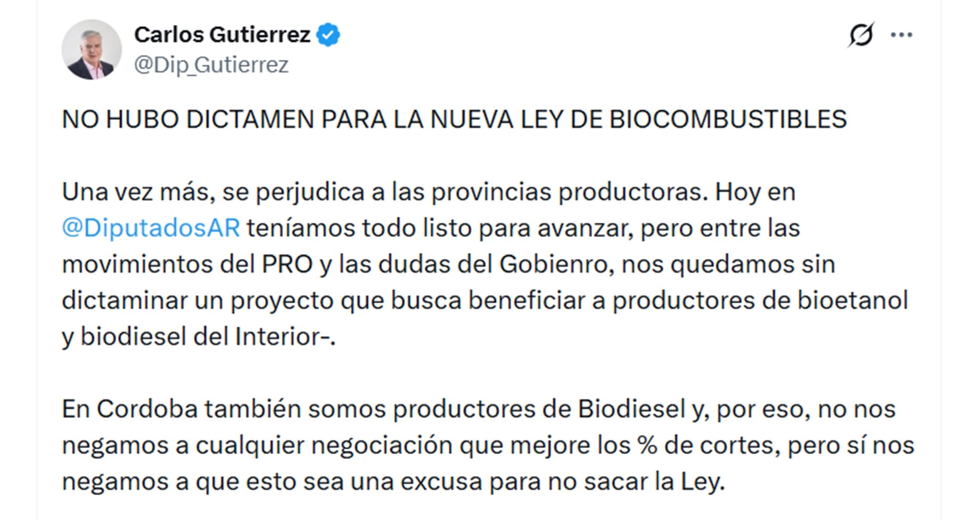 Carlos Gutiérrez manifestó su enojo con el PRO por bloquear el dictamen