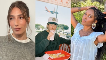 Toma triple: Mujer de cabello castaño a la izquierda, hombre con gorra bebiendo en el centro con un avión de fondo, y mujer de cabello trenzado a la derecha