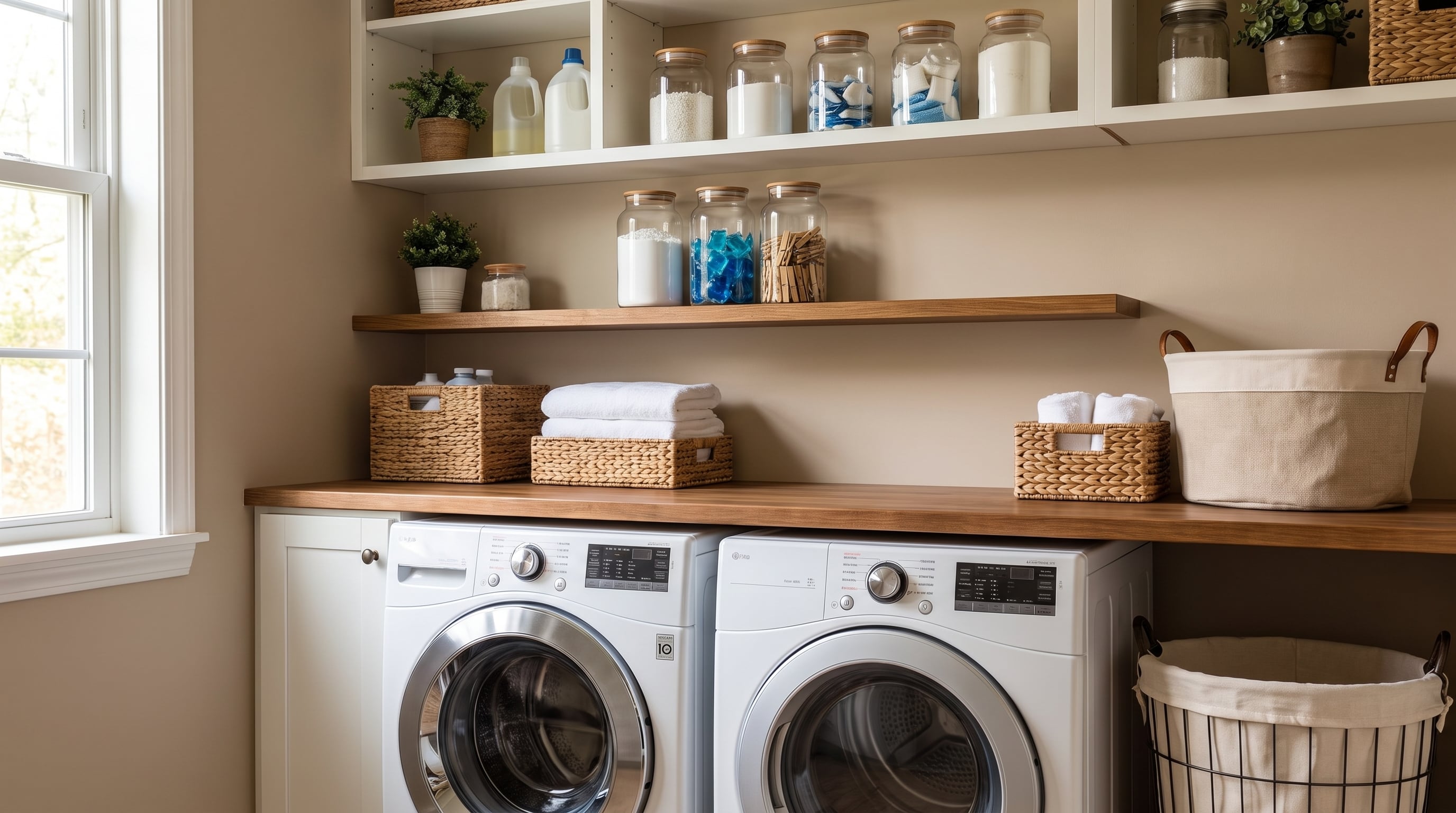 Un cuarto de lavado equipado con lavadora, secadora y estanterías de madera optimiza el espacio de almacenamiento de detergentes y accesorios. (Imagen Ilustrativa Infobae)