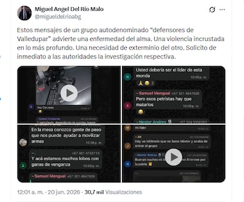 El abogado Miguel Ángel del Río Malo denunció un grupo de WhatsApp donde se incita a la violencia - crédito @migueldelrioabg/X