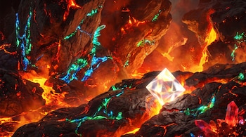 Rocas con vetas de lava incandescente, minerales azules, verdes y rojos, y cristales transparentes, incluyendo un diamante en primer plano.