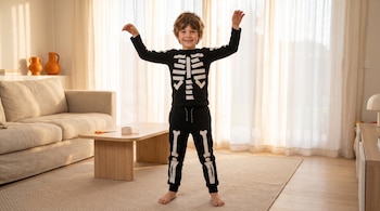 Niño descalzo con ropa negra cubierta con tiras de cinta blanca, de pie en una sala junto a una mesa de centro y un sofá