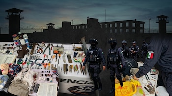 Elementos de la Policía Estatal Penitenciaria realizan una inspección al interior de un centro penitenciario de Jalisco durante un operativo aleatorio de revisión, donde se revisan áreas comunes y módulos para detectar objetos prohibidos. (Imagen ilustrativa generada con IA | Infobae México)