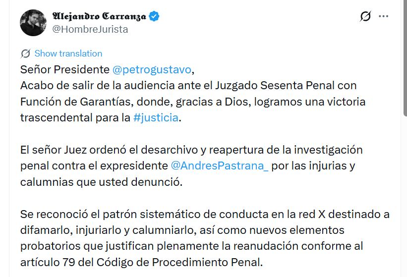 El expediente vuelve a trámite judicial y podría ser revisado en segunda instancia - crédito @HombreJurista/X