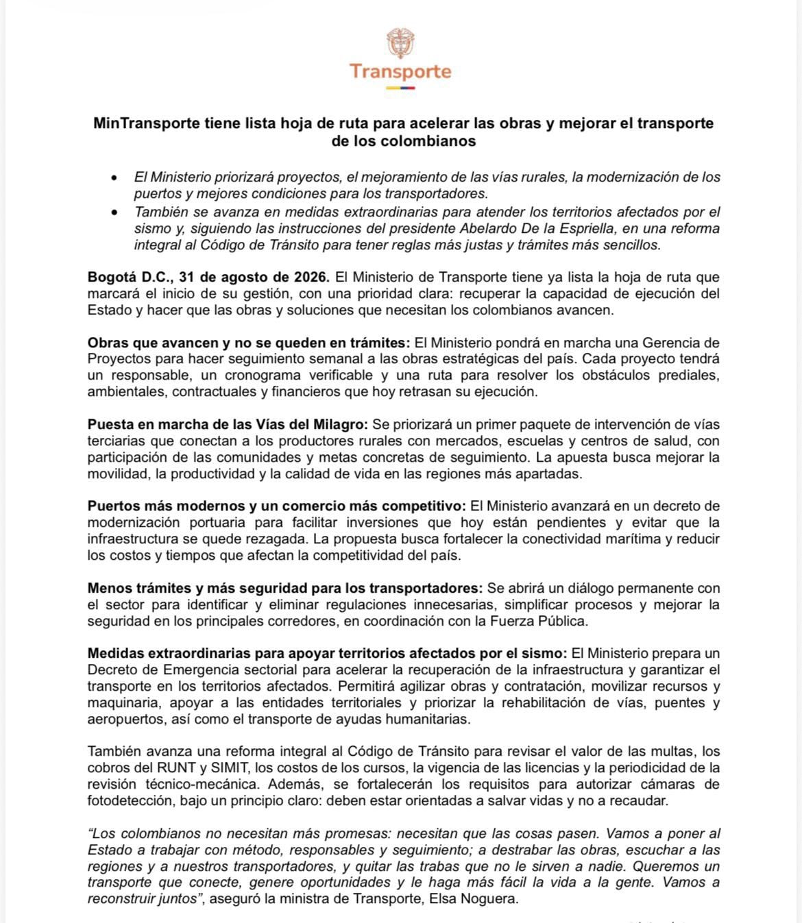 El ministerio presentó su hoja de ruta de trabajo con la que busca acelerar proyectos, mejorar vías rurales, modernizar puertos, simplificar trámites y garantizar mejores condiciones para transportadores - crédito Ministerio de Transporte