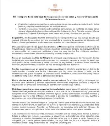 El ministerio presentó su hoja de ruta de trabajo con la que busca acelerar proyectos, mejorar vías rurales, modernizar puertos, simplificar trámites y garantizar mejores condiciones para transportadores - crédito Ministerio de Transporte