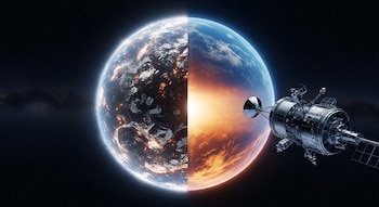 Exoplaneta gigante con un lado cubierto de nubes brillantes y otro con atmósfera luminosa observado por un telescopio espacial en la oscuridad.