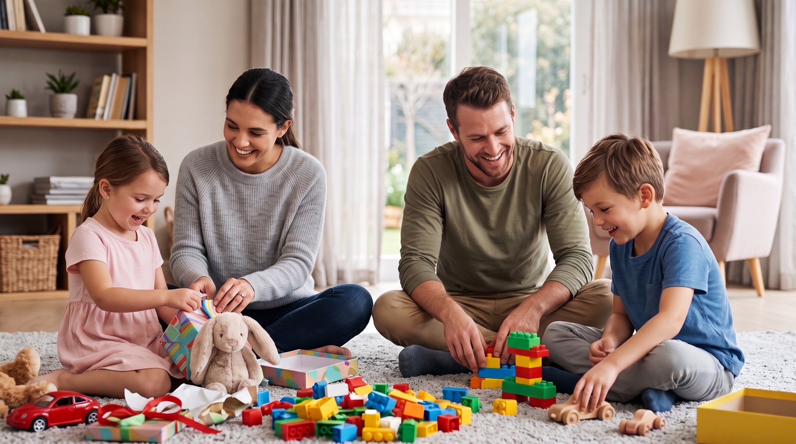 Una familia de cuatro integrantes, dos adultos y dos niños, sonríe mientras comparten un momento de juego y abren regalos en el salón de su casa. (Imagen Ilustrativa Infobae)