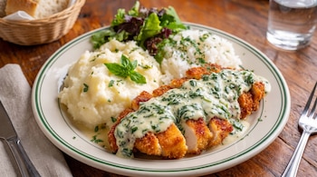 Milanesa de pollo con salsa verde, puré de papas con albahaca, arroz blanco, ensalada, pan en canasta, vaso con agua y cubiertos en una mesa de madera.
