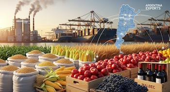 Sacos de soja y maíz, cajas de manzanas, uvas y botellas de vino; un mapa de Argentina; barcos de carga, grúas y una fábrica portuaria con chimeneas.