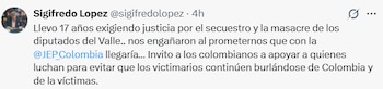 Sigifredo López reclamó justicia por el secuestro y asesinato de sus compañeros de la Asamblea del Valle del Cauca y pidió respaldo para las víctimas. - crédito @sigifredolopez/X