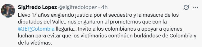 Sigifredo López reclamó justicia por el secuestro y asesinato de sus compañeros de la Asamblea del Valle del Cauca y pidió respaldo para las víctimas. - crédito @sigifredolopez/X