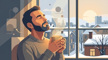Ilustración de un hombre con barba y suéter, ojos cerrados, sosteniendo una taza. La luz del sol ilumina una ciudad nevada vista por la ventana.