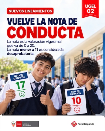 Dos estudiantes uniformados sostienen hojas con notas de conducta de 17 y 10, junto a textos informativos y logotipos institucionales de Perú