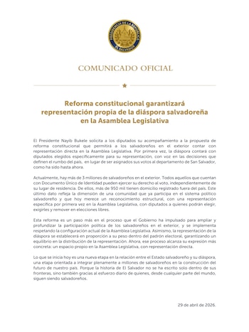 El comunicado presidencial destaca la historia compartida de El Salvador y el reconocimiento histórico al aporte de sus ciudadanos en todo el mundo./(Casa Presidencial)