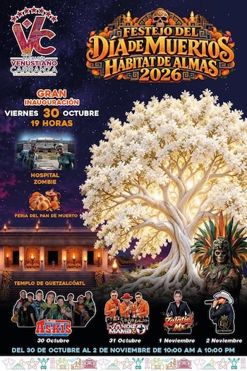 Cartel con un árbol blanco central, un templo prehispánico iluminado, atracciones temáticas y las fechas de presentaciones musicales
