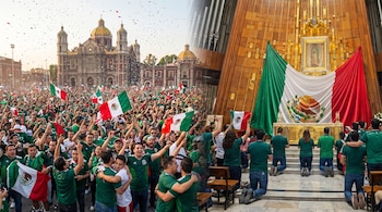 Multitud de aficionados con camisetas verdes y banderas mexicanas celebran al exterior de la Basílica de Guadalupe, mientras otros oran arrodillados en su interior.