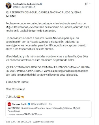 Abelardo de la Espriella dio la orden a las autoridades para que den con el paradero de los responsables del asesinato de Miguel Castellanos, en Cúcuta (@ABDELAESPRIELLA/X)