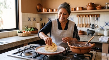 Una mujer con delantal voltea una tortilla de maíz en un comal junto a una olla de barro con frijoles sobre una estufa de gas.