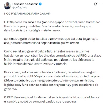 Posteo en X de Fernando de Andreis