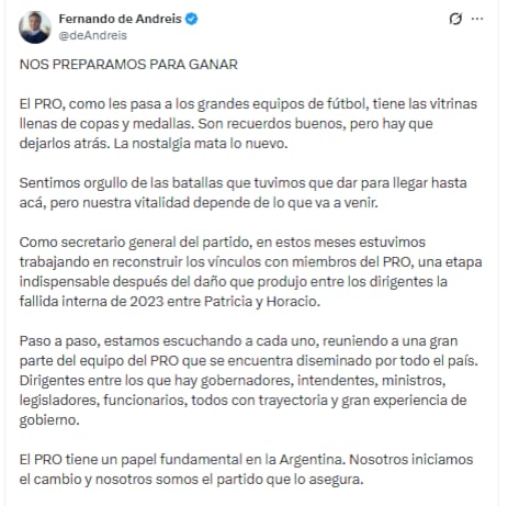 Posteo en X de Fernando de Andreis