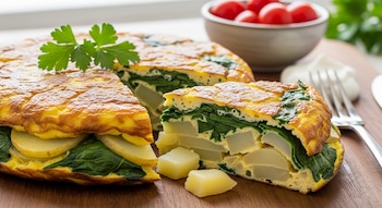 Tortilla de patatas y espinacas cortada, mostrando sus capas de huevo, patata y espinaca. En primer plano, cubos de patata. Al fondo, un cuenco con tomates cherry y perejil.