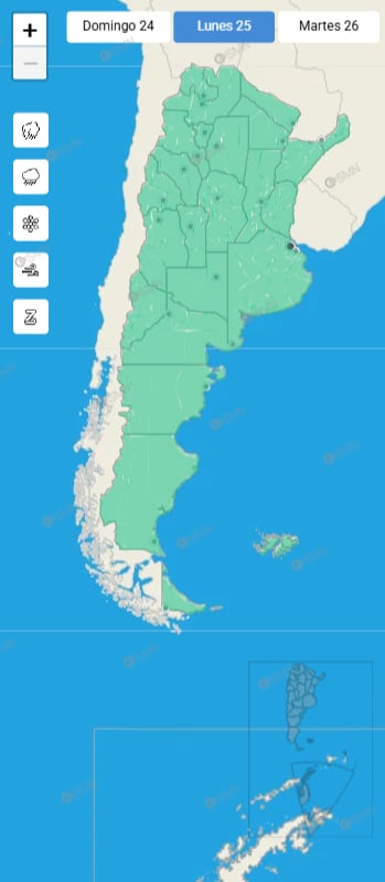 El mapa de alertas del lunes 25 muestra condiciones estables en gran parte del territorio, con nubosidad baja y escasa actividad convectiva en el AMBA