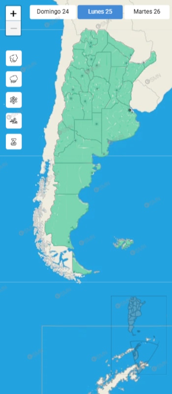 El mapa de alertas del lunes 25 muestra condiciones estables en gran parte del territorio, con nubosidad baja y escasa actividad convectiva en el AMBA