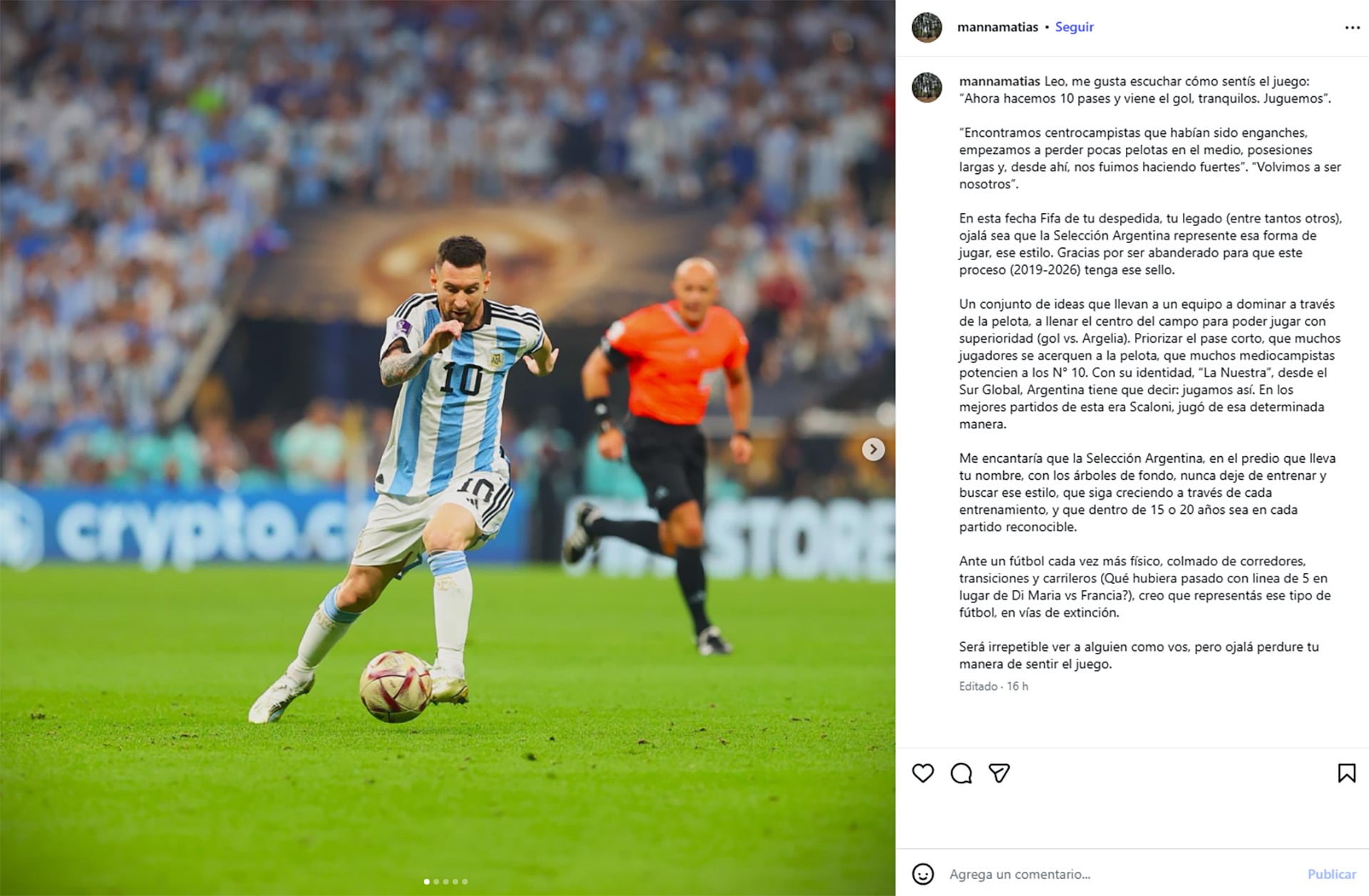 El analista Matías Manna publica un mensaje sobre el legado y el estilo de juego de Lionel Messi en la selección argentina.