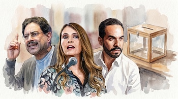 Ilustración en acuarela de Iván Cepeda, Paloma Valencia y Abelardo de la Espriella, con una urna electoral de madera y cristal transparente al fondo.