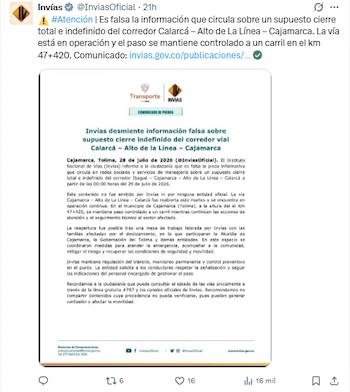 Invías aseguró que la vía está habilitada y opera con paso controlado a un carril en el municipio de Cajamarca, Tolima, tras un deslizamiento - crédito Invías/X