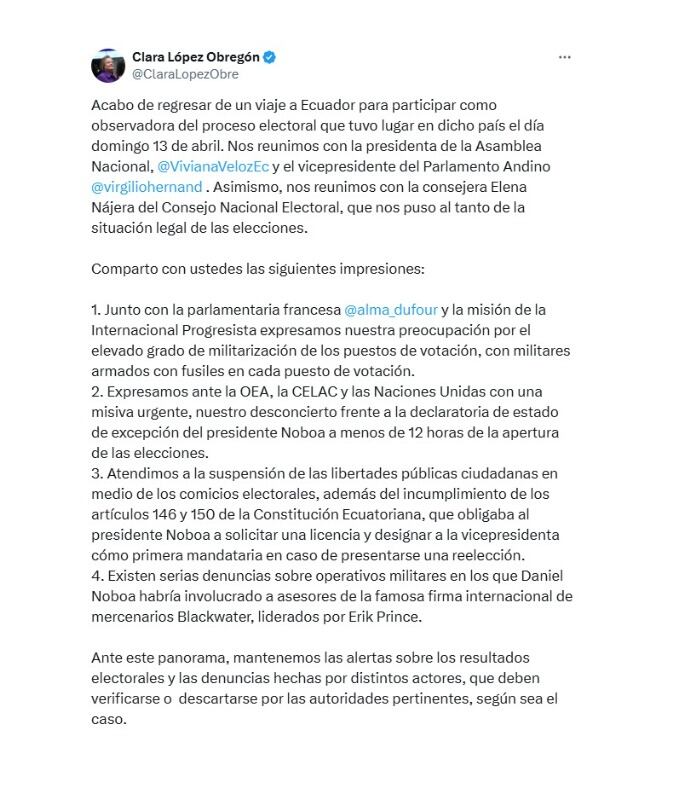 La senadora Clara López resumió en su publicación los aspectos que causaron alerta sobre las elecciones en Ecuador - crédito @claralopezobre/X