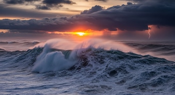 Un agitado Océano Pacífico al atardecer, con una enorme ola rompiendo en primer plano, cielos tormentosos oscuros y un brillante relámpago a la derecha.