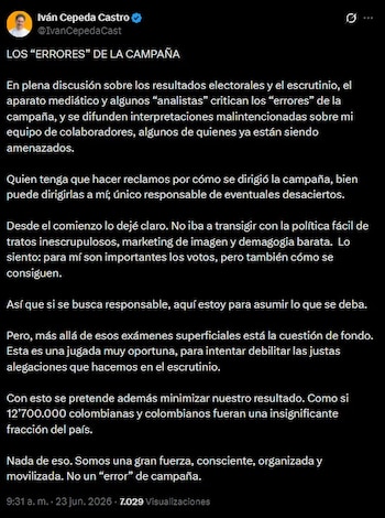 Cepeda respondió a las críticas tras los resultados electorales, defendió la conducción de su campaña y aseguró que el respaldo obtenido refleja una fuerza política organizada - crédito Iván Cepeda/X