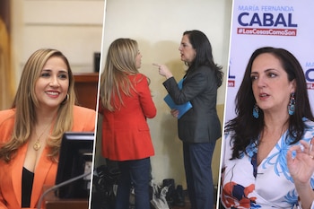 Composición de tres fotos: Sandra Jaimes sonriendo; Cabal y Jaimes discutiendo en un pasillo; y María Fernanda Cabal hablando frente a un cartel de campaña.