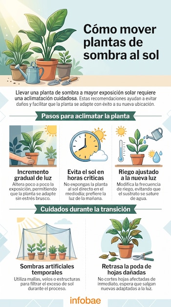 Infografía con ilustraciones de plantas en macetas, un reloj, herramientas de jardinería y texto sobre cuidado vegetal.