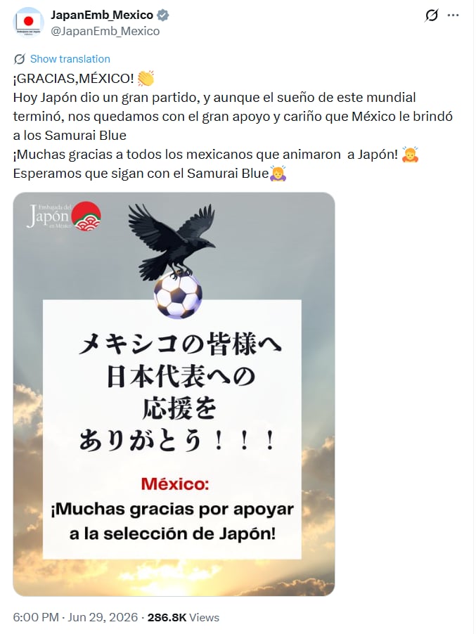 La Embajada de Japón agradeció en redes sociales el respaldo de los aficionados mexicanos tras la derrota 2-1 ante Brasil en Houston y pidió que sigan apoyando a los Samurai Blue en futuros torneos. (@JapanEmb_Mexico)