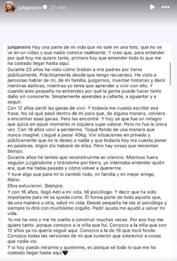 Comunicado de Julia Janeiro (INSTAGRAM).