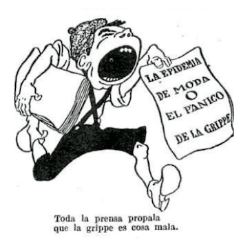 Una de las caricaturas que publicó la icónica revista Caras y Caretas a medida que crecía la preocupación (y también la burla) hacia la gripe española. "Toda la prensa propala que la grippe es cosa mala", dice la viñeta.